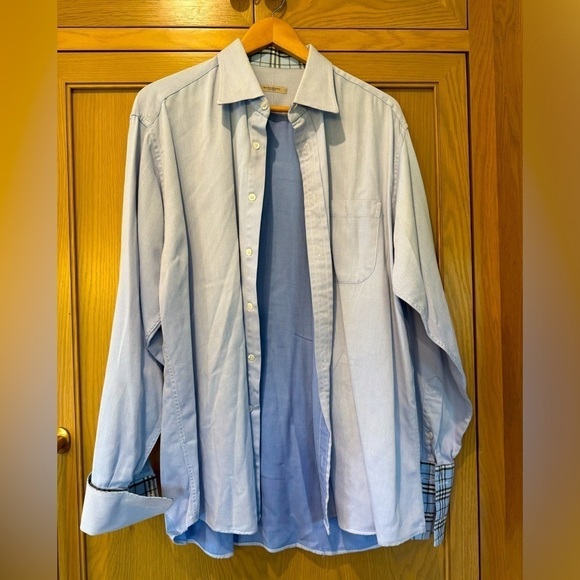 Burberry Men's Cotton Button Down with Plaid Cuffs and Neck Lining / 17 R - Picture 1 of 11